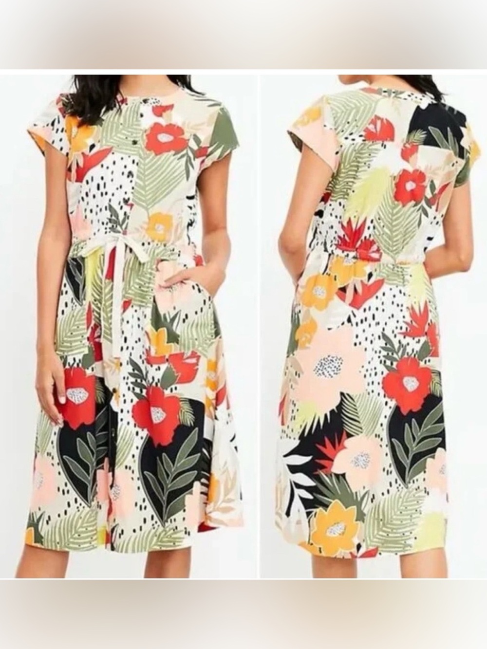 Loft Tropical Safari Button Down Utility Shirt Dress Tie-Waist Midi